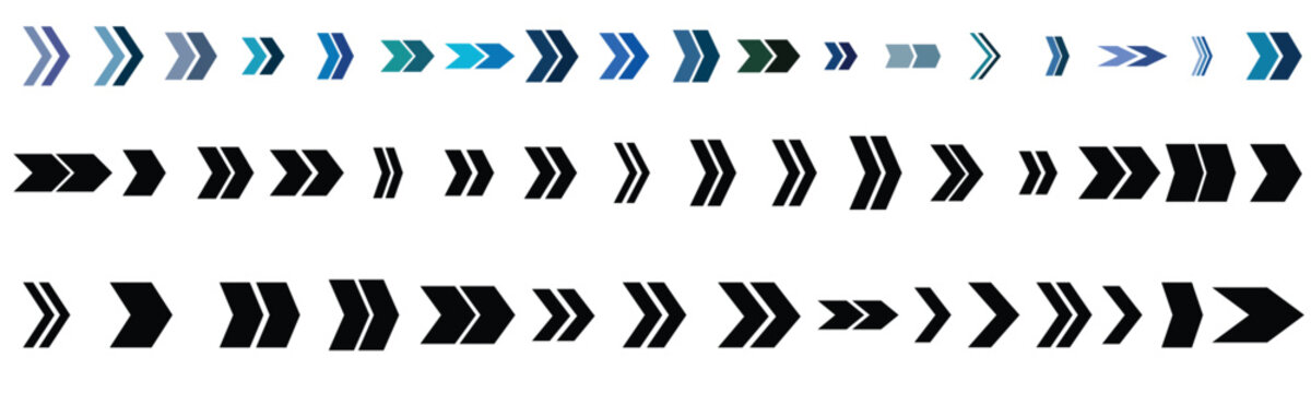 Multi style chevron arrow collection with bold directional symbols, fast forward navigation shapes and dynamic movement pointer signs
