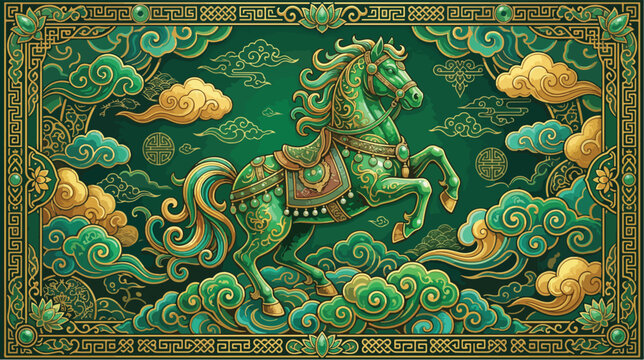 Majestic jade horse rearing up amidst golden clouds and ornate traditional patterns in deep green tones