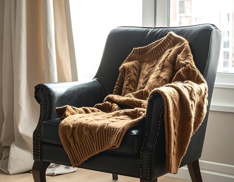 A black leather armchair with a brown blanket