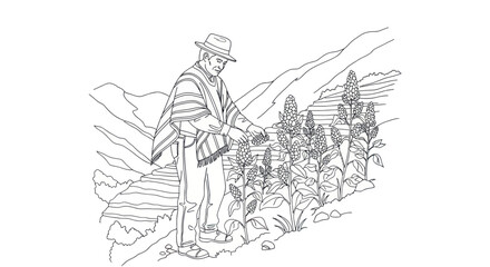 Obraz premium Andean Farmer in Traditional Poncho Tending Crops on a Hillside