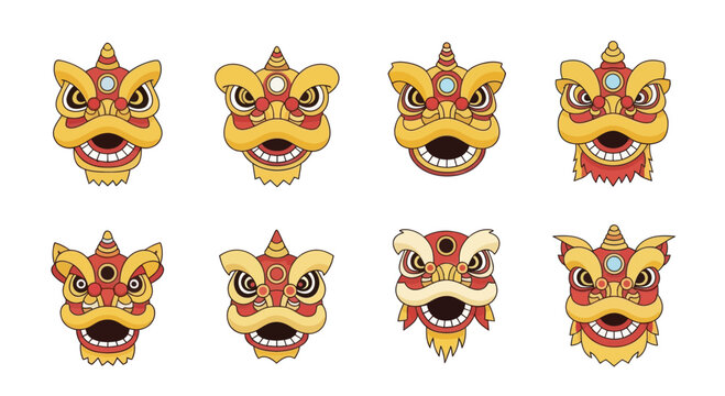 Chinese Lion Dance Heads Collection - Traditional Festive Asian Culture Icons