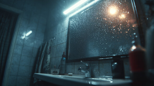 Rainy reflections in a bathroom mirror urban setting atmospheric photography evening light close-up view