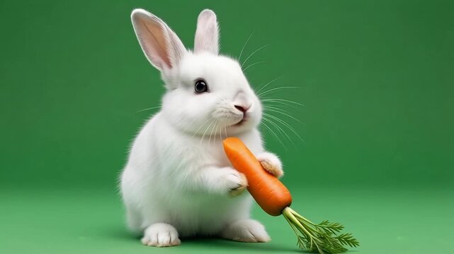 White rabbit eating carrot in vibrant green studio setting with natural light