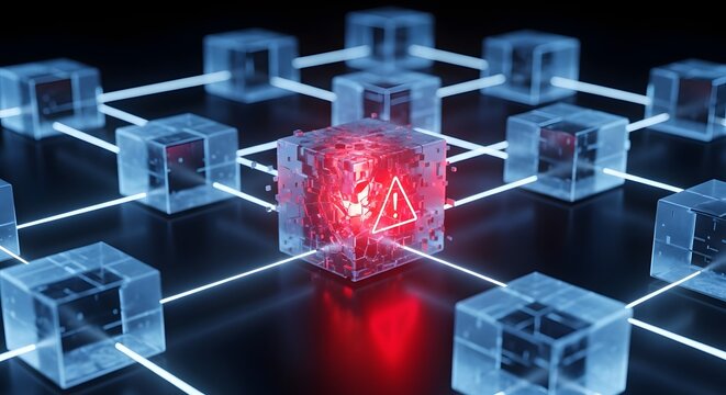 Red glowing cube with warning symbol in blockchain network