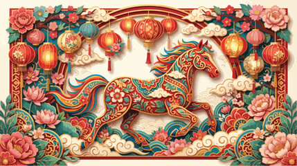 Fototapeta premium Ornate paper craft horse decorated with floral patterns surrounded by traditional glowing red chinese lanterns celebration