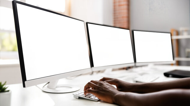 Productive workspace setup home office digital content modern environment close-up view multi-monitor efficiency