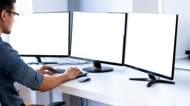 Multitasking with three monitors in a modern office space computer setup professional environment side view