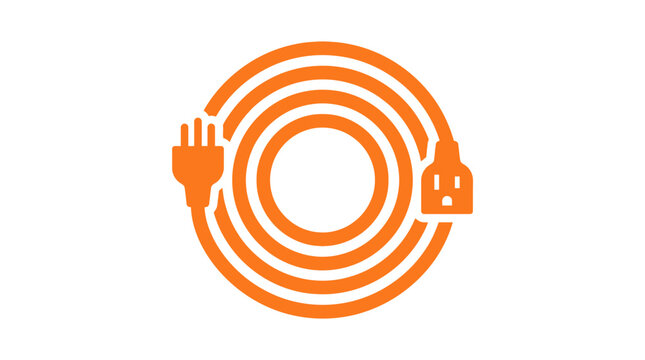 Orange electrical extension cord coiled in a circle with plug and socket on white background