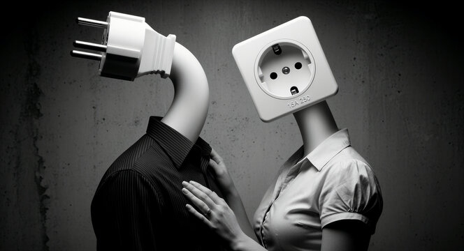 Surreal image of man with electric plug head and woman with socket head. Figures represent human connection and interpersonal energy. Ideal for relationship chemistry and power dynamics.