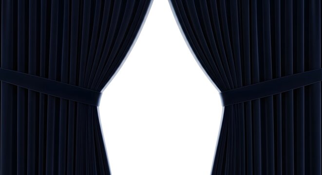 Dark blue velvet curtains pulled back to reveal a bright white space