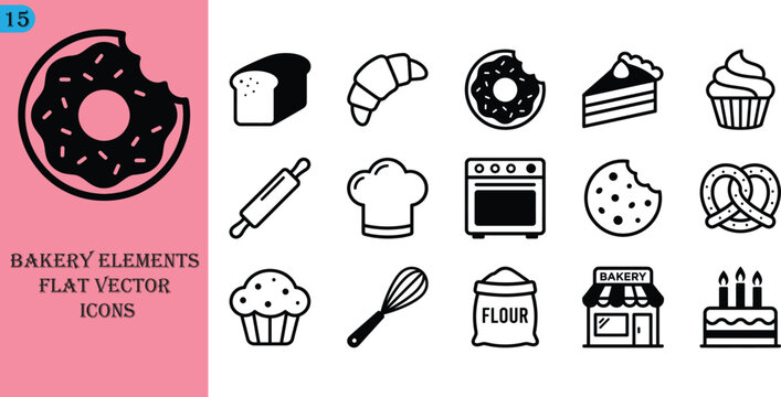 Set of 15 bakery elements flat vector icons, including bread, croissant, donut, cake, cupcake, rolling pin, chef hat, oven, cookie, pretzel, muffin, whisk, flour bag, bakery shop, and birthday cake