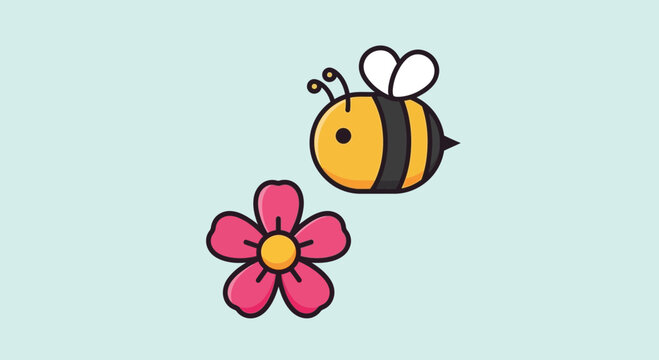 Cartoon bee flying near flower.