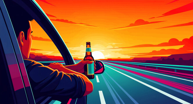 Man holding a beer bottle while driving on a highway at sunset. Vector illustration of irresponsible drinking under the influence. Drunk driving and road safety concept for legal awareness.