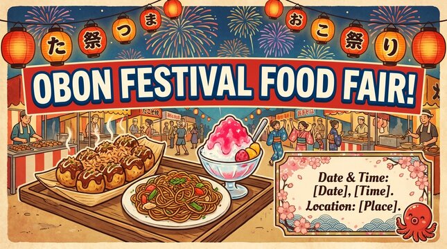 Obon festival food fair stall flyer with traditional dishes and lanterns