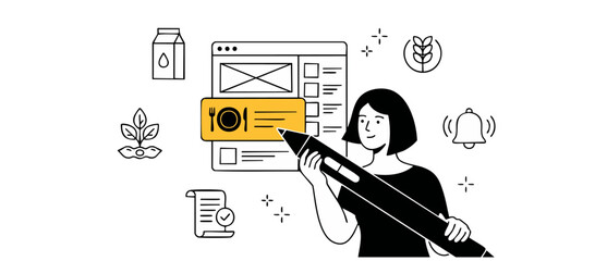 Fototapeta premium Diet tracking app design illustration showing female designer editing mobile user interface with food and nutrition icons in clean minimalist flat line art style for healthy lifestyle concept planning