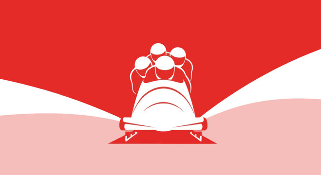 Vector illustration of a four-person bobsled team in motion with stylized snowbanks and red background