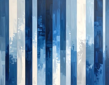 A blue and white abstract painting with vertical stripes