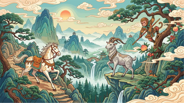 Ornate white horse with a goat and monkey in a traditional east asian landscape illustration