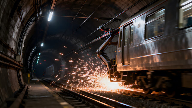 pantograph. Train's pantograph sliding against wires in dark tunnel with motion blur and sparks. mobility guides, transit brochures, designed for transport & logistics marketing.