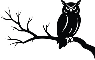 Obraz premium Owl silhouette perched on bare tree branch, mysterious nocturnal bird illustration, black and white minimal design, symbol of wisdom, night nature art