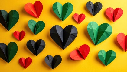 Obraz premium Colorful Paper Hearts on Yellow Background.