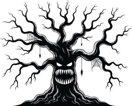 Haunted tree illustration with sinister face, twisted gnarled branches, spider webs and spiders, eerie black and white design, Halloween horror fantasy artwork