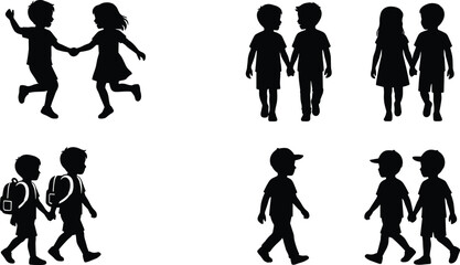 Obraz premium Silhouette illustration of children walking, dancing, and holding hands, symbolizing friendship, companionship, movement, and diverse playful childhood experiences together