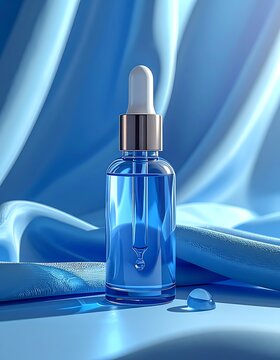 A blue glass dropper bottle on a blue fabric with fluid