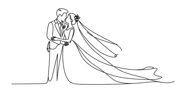 Elegant continuous line drawing of a bride and groom kissing on their wedding day, with a flowing veil
