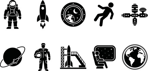 Black and white space icons set including astronaut rocket and planet  isolated on white background © SAYEDAJANNATUL