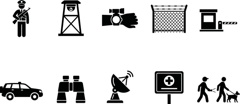 Black and white icons of security and safety symbols and objects together