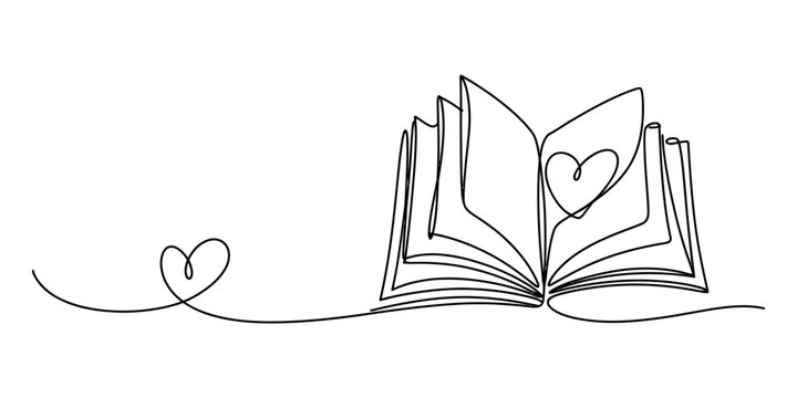 Open book with heart symbol drawn in continuous line art, simple and elegant style
