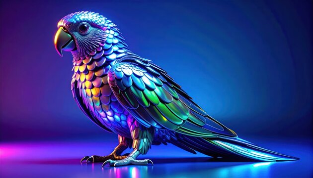 Iridescent parrot with vibrant feathers and pink reflection.