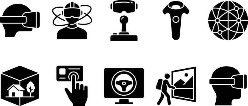 Black silhouettes of various technology and virtual reality icons on white background