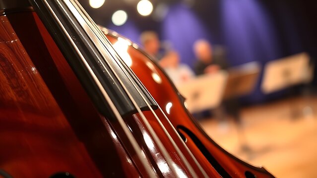 A classical musical instrument with reflective surfaces and an abstract blurred background.