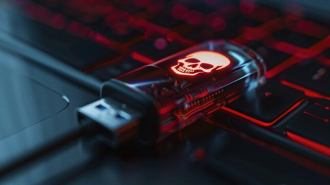 USB flash drive with glowing skull symbol plugged into laptop keyboard. Concept of cyber security threat, computer virus, data theft and hacking. Digital malicious software danger.