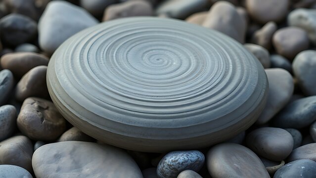 A smooth riverbed stone with concentric grooves resting among pebbles in soft daylight.