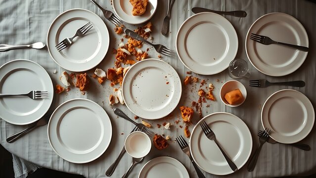 Dining table covered with empty plates and food remnants in chaotic overhead view.