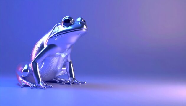 Silver metallic frog sculpture on purple background.