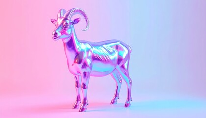 Fototapeta premium 3D low poly metallic goat in neon pink lighting.