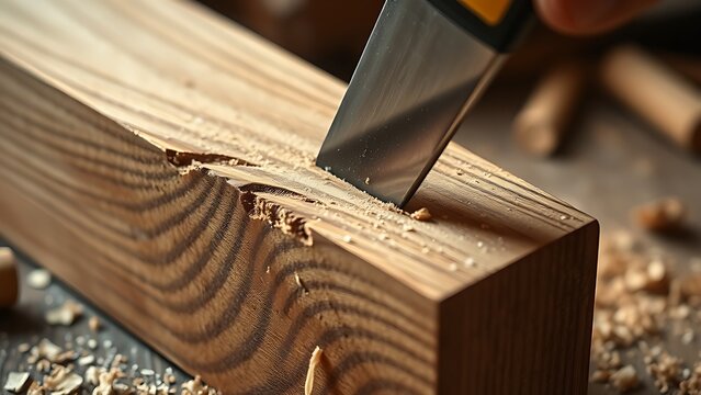 A woodworking chisel carving the grain of an oak block, wood shavings.