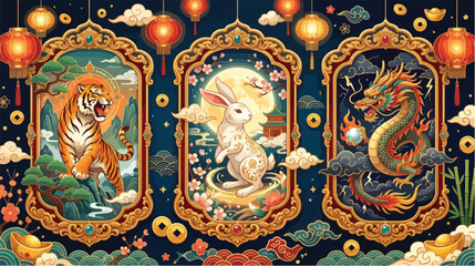 Obraz premium Vibrant chinese zodiac illustrations featuring a tiger a rabbit and a dragon in ornate golden frames