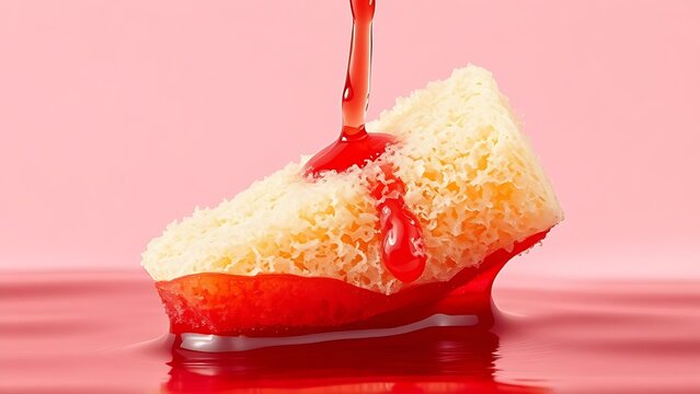 A dry sponge absorbing red liquid, changing color and volume.