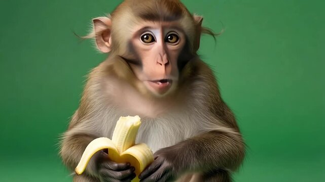 Cute baby monkey eating ripe banana against vibrant green background