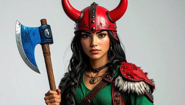 Viking Woman Warrior with Axe and Horned Helmet, Fierce and Ready for Battle.