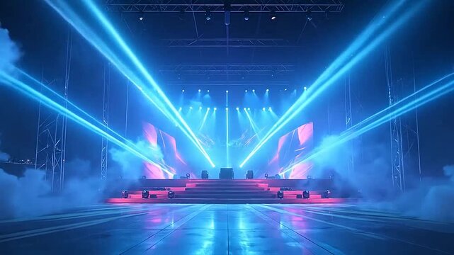 A vibrant stage illuminated by colorful beams and thick fog