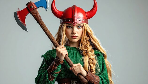 Viking Woman with Axe and Horned Helmet - A Fierce Warrior Portrait.