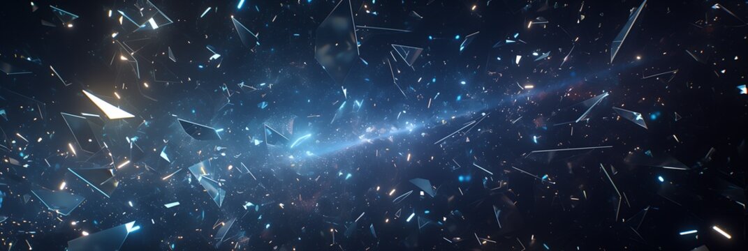Dynamic floating glass shards with blue and gold light particles on dark background, futuristic abstract design for tech banners and event visuals, Artemis Explore style
