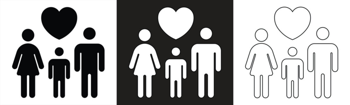 Family symbol icon. Child, father, and mother standing together with a heart symbol. Vector illustration