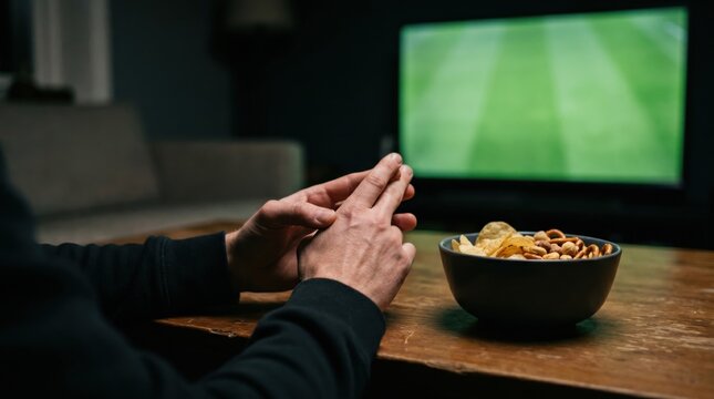 Man watching live soccer match on television with snack bowl on table at home, ideal for sports media, entertainment blogs, and lifestyle advertising